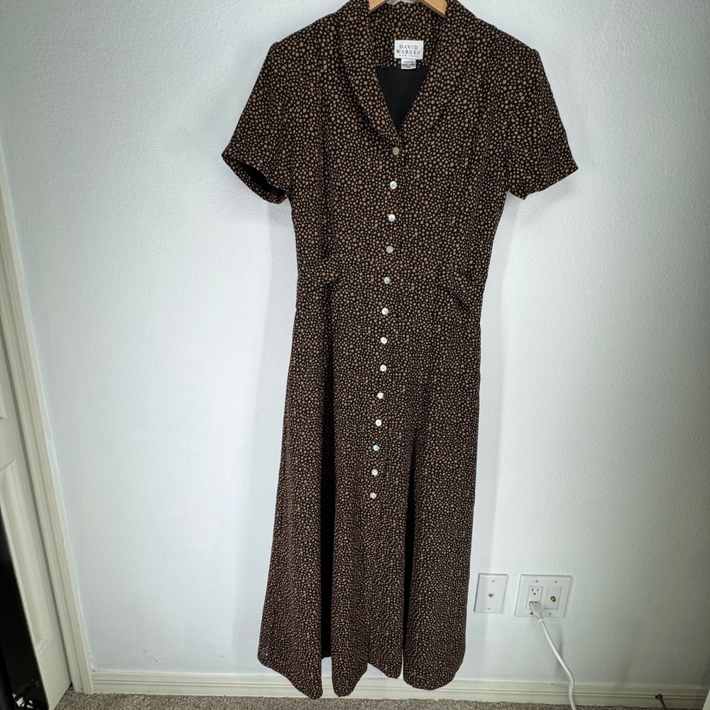 Vintage Brown Geometric Button Front Midi Dress 10 Secretary Retro Traditional